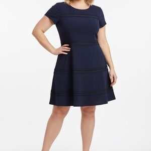 B Darlin Navy Blue Fit & Flare Dress Lace Trim Short Sleeve Size 13/14 NWT